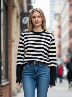 Zara Black and White Striped Crewneck Sweater